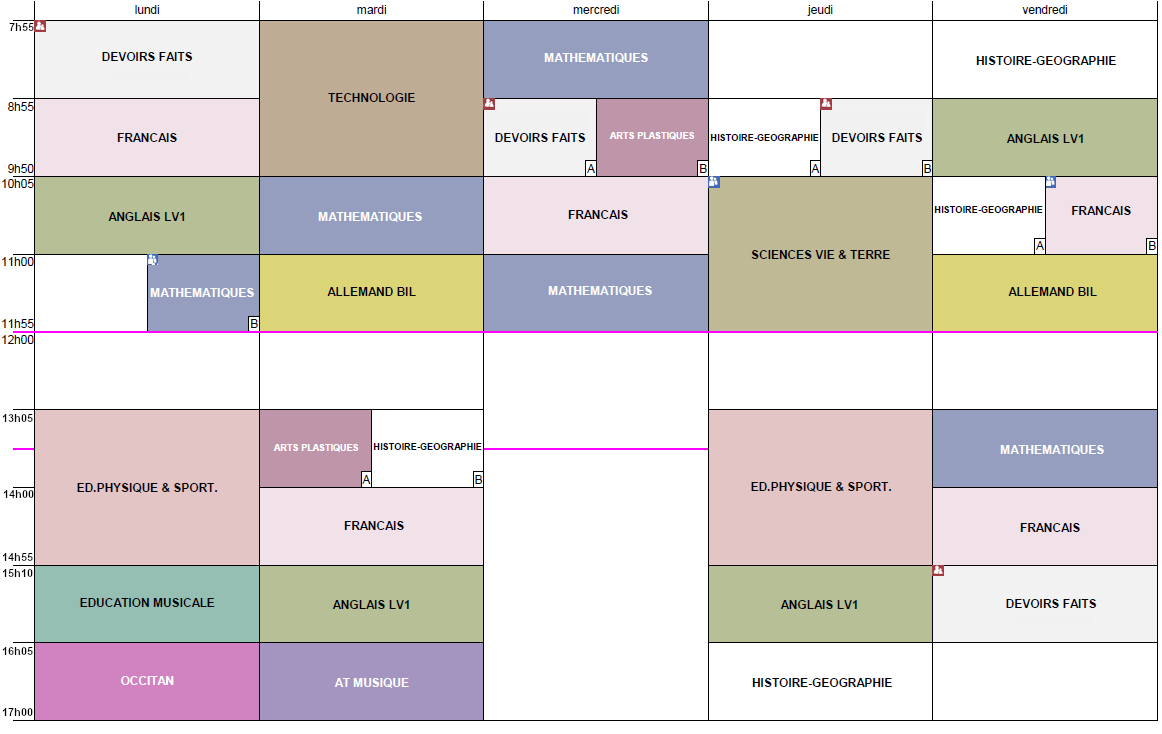 Exemple d'emploi du temps de 6e :
Lundi : 8h - Devoirs faits ; 9h - Français ; 10h - Anglais ; 11h - Mathématiques (sem B) ; 13h - EPS ; 14h - EPS ; 15h - Musiques ; 16h - Occitan.
Mardi : 8h Technologie ; 9h - Technologie ; 10h - Mathématiques ; 11h : Allemand Bilangue ; 13h - Arts Plastiques (sem A) ou Histoire géo (Sem B) ; 14h - Français ; 15h - Anglais ; 16h - Atelier musique.
Mercredi : 8h - Mathématiques ; 9h - Devoirs faits (sem A) ou Arts plastiques (sem B) ; 10h - Français ; 11h - Mathématiques.
Jeudi : 9h - Histoire Géo (sem A) ou Devoirs faits (sem B) ; 10h - Sciences (SVT et Physiques) ; 11h - Sciences (SVT et Physiques) ; 13h EPS ; 14h : EPS ; 15h - Anglais ; 16h - Histoire géo.
Vendredi : 8h - Histoire géo ; 9h - Anglais ; 10h - Histoire géo (sem A) ou Français (sem B) ; 11h Allemand bilangue ; 13h - Mathématiques ; 14h - Français ; 15h : Devoirs faits.